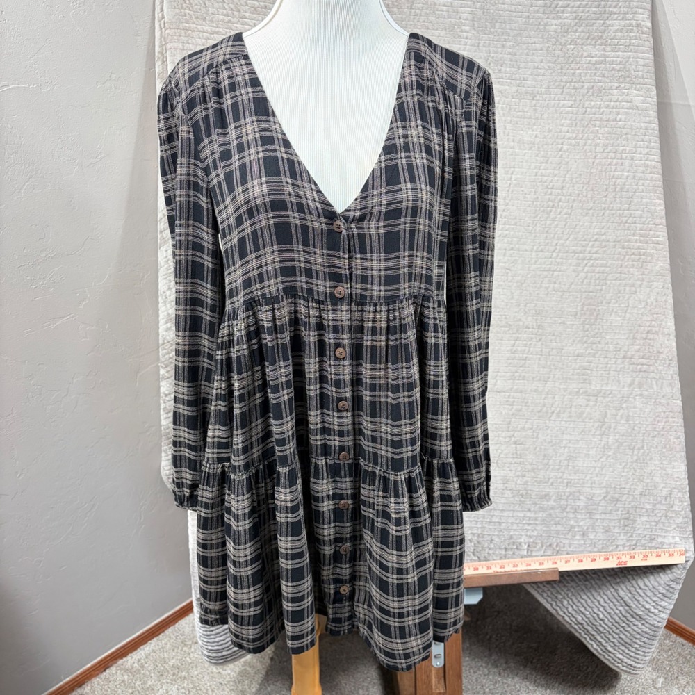 Urban Outfitters Plaid Babydoll Mini Dress Black Brown Button Front Tiered M